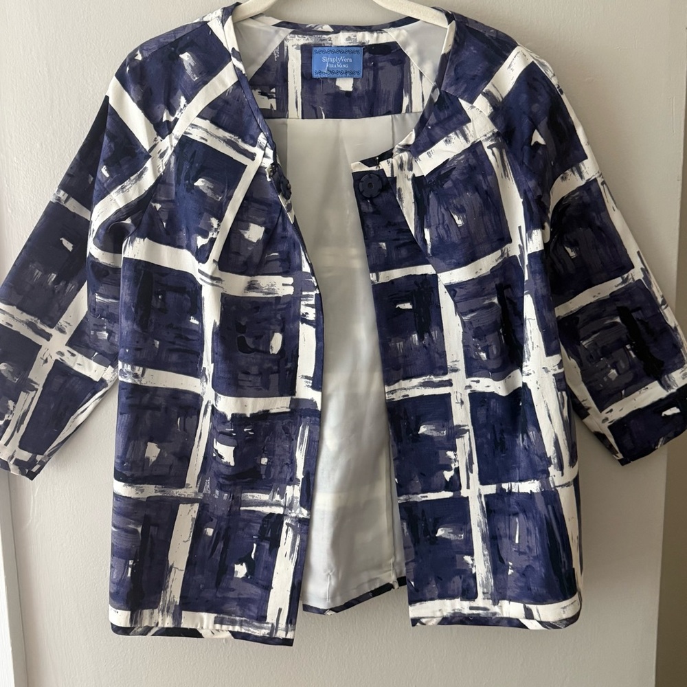 Simply Vera Wang Navy Abstract Print Blouse Lightweight Open Front Jacket Top - Picture 4 of 12